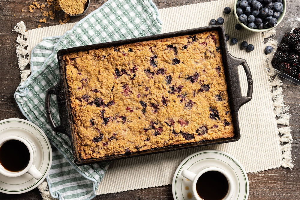 Berry Buckle served in cast iron pan.