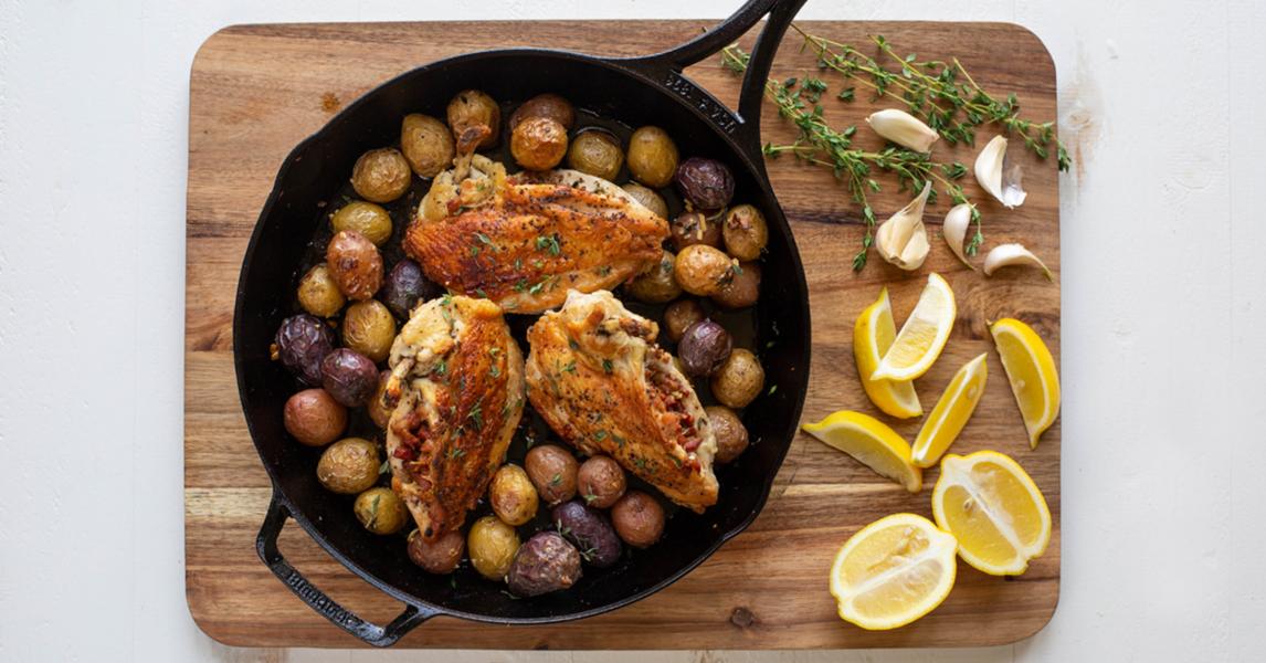 Pancetta Stuffed Airline Chicken Breast With Roasted Garlic Potatoes