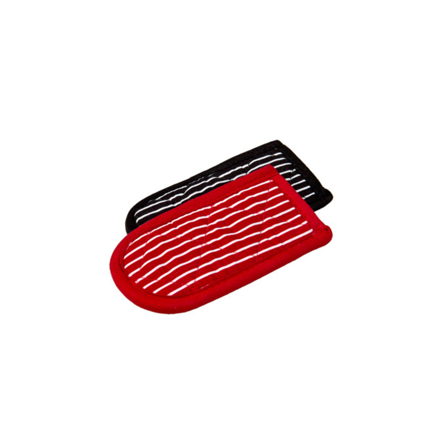 Set of 2 handle holders, one is red with white stripes and the other is black with white stripes.