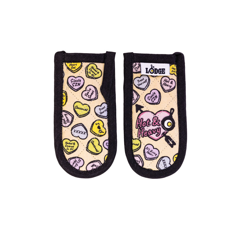 Front and back of handle holder with a large heart on center front saying "Hot & Heavy" and smaller hearts scattered throughout saying "sizzle SZN", "Treat yourself", "You're sweet" and more.