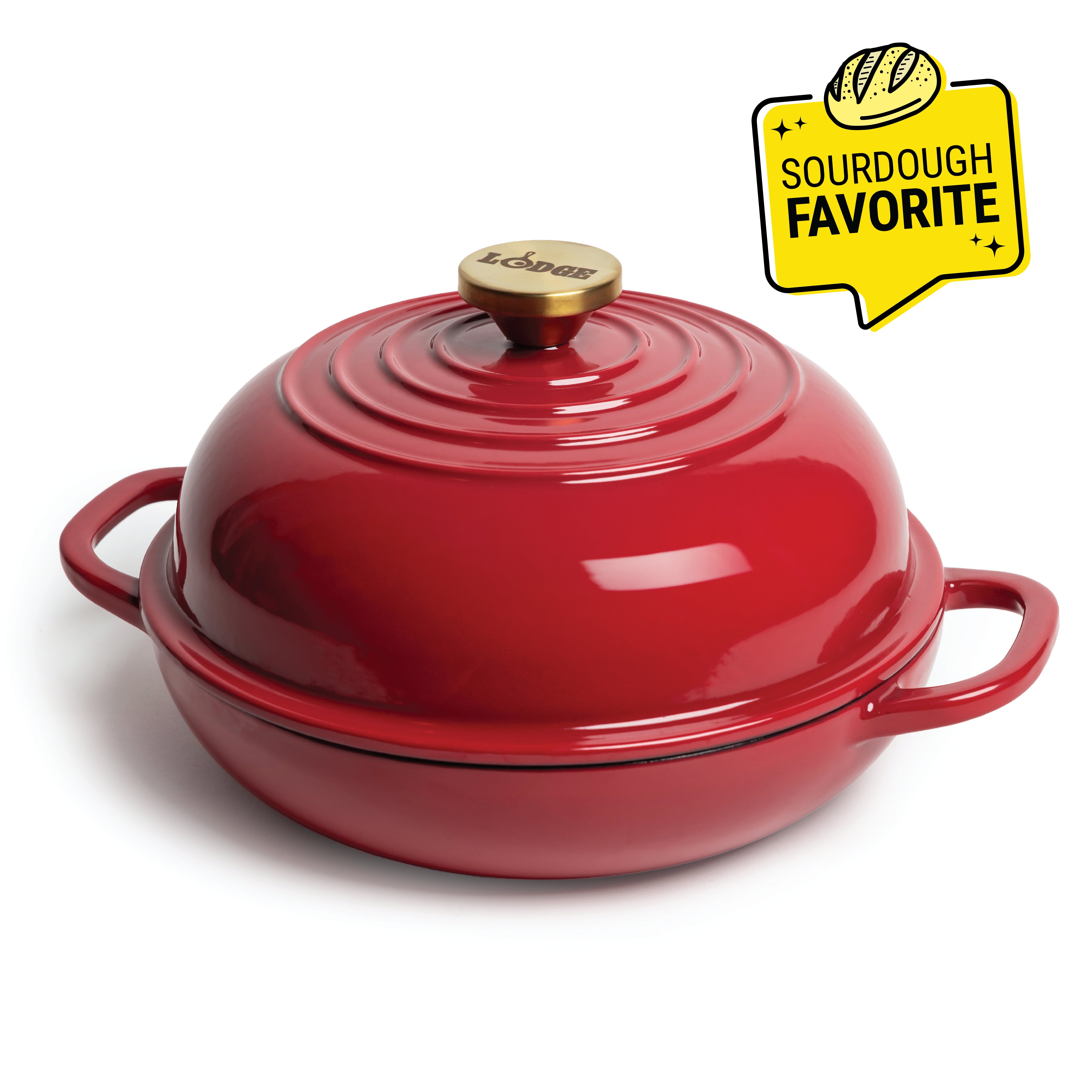 Red enameled bread oven with 2 handles on the base and a silver knob on lid. Image features a badge saying "Sourdough Favorite".