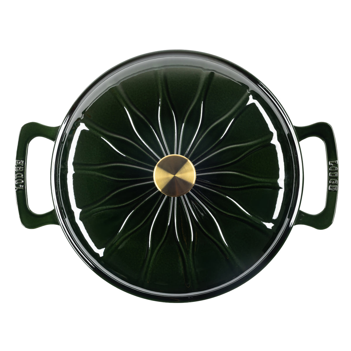 A top-down view of braiser with a matching lid, featuring a central gold knob and side handles.