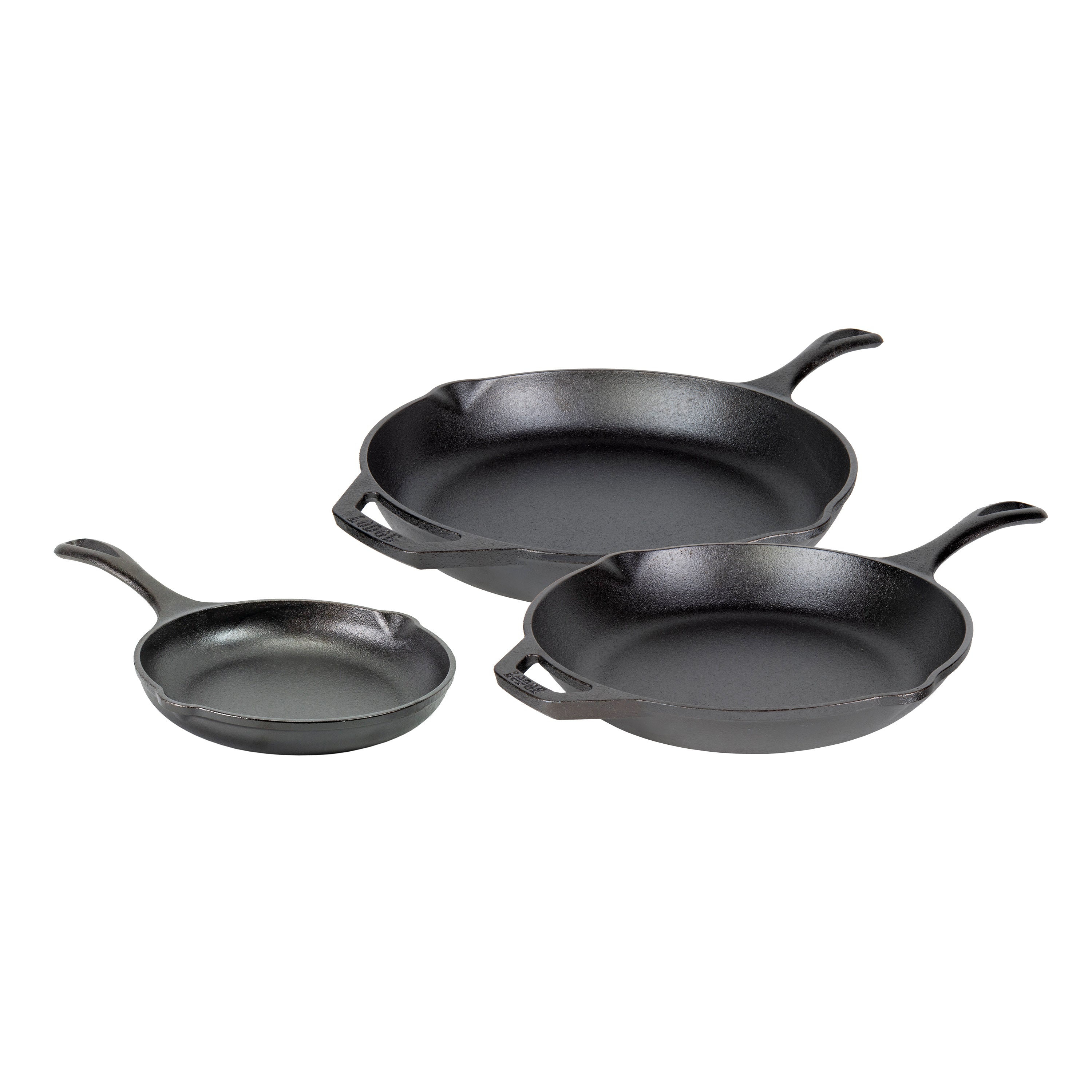 Set of 3 chef collection skillets, sizes include an 8, 10, and 12 inches.