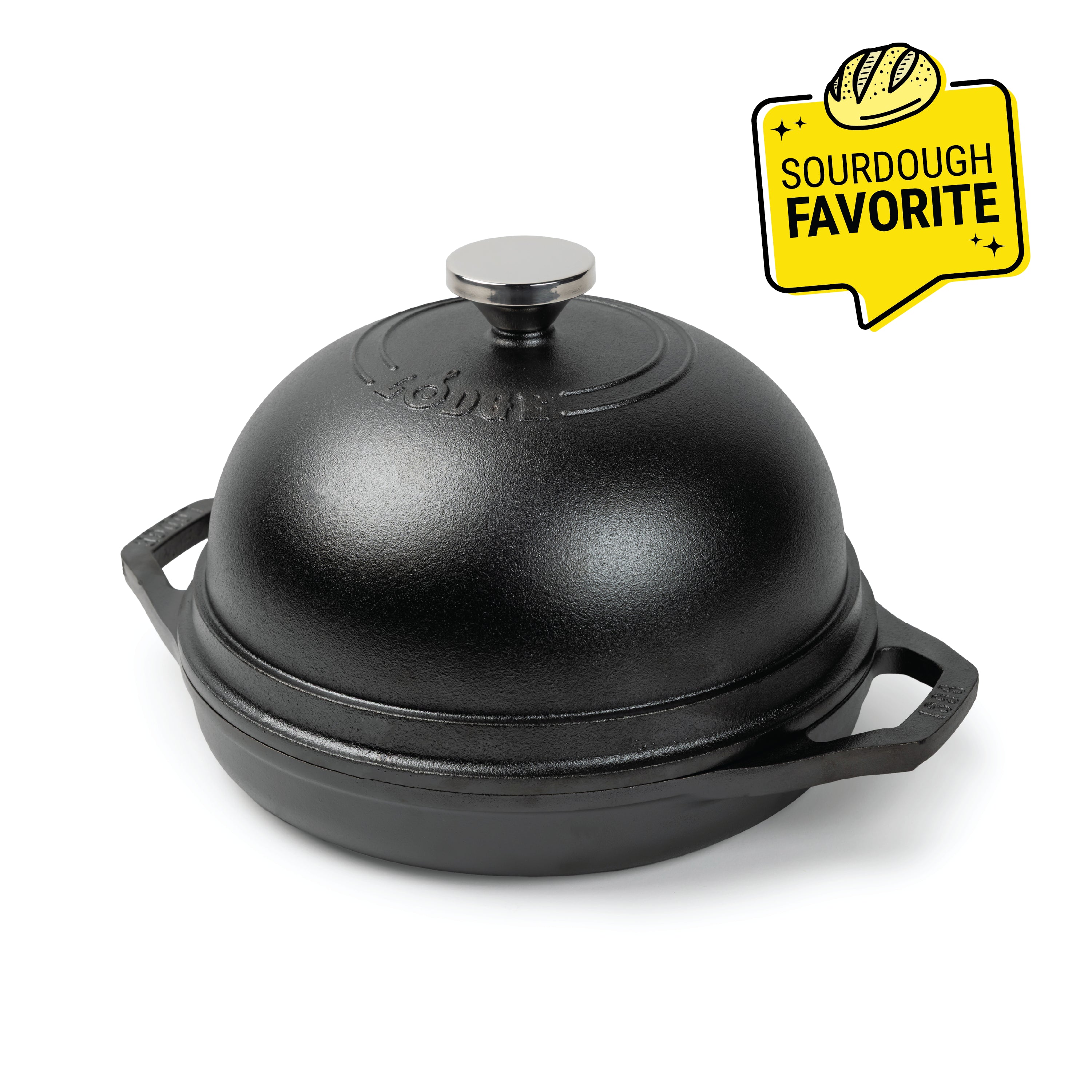 Black bread oven with 2 side handles on base and a silver knob on lid. Image features a "Sourdough Favorite" badge.