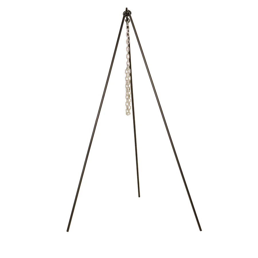 Black tripod with silver chain in middle for hanging cookware.
