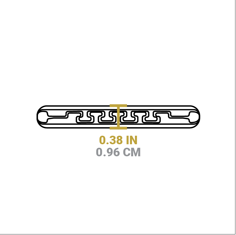 Dimensional drawing of product. Depth of handle opening is 0.38 inches.