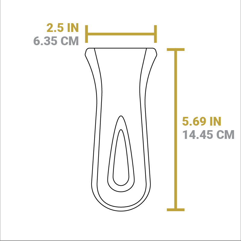 Dimensional drawing of silicone handle holder. Width is 2.5 inches, length is 5.69 inches.