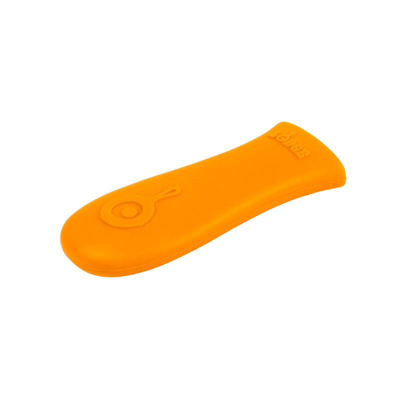 Orange silicone handle holder with Lodge branding embossed.