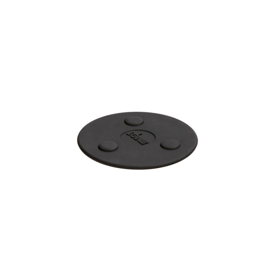 Black circular trivet with small bumps for magnets.