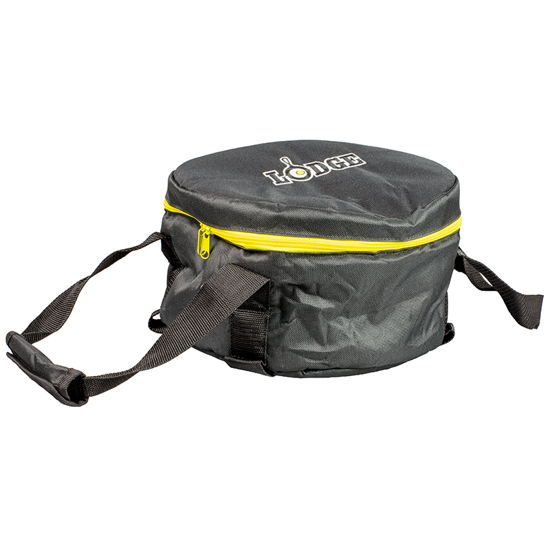 Circular black bag with yellow zipper and 2 lift handles.