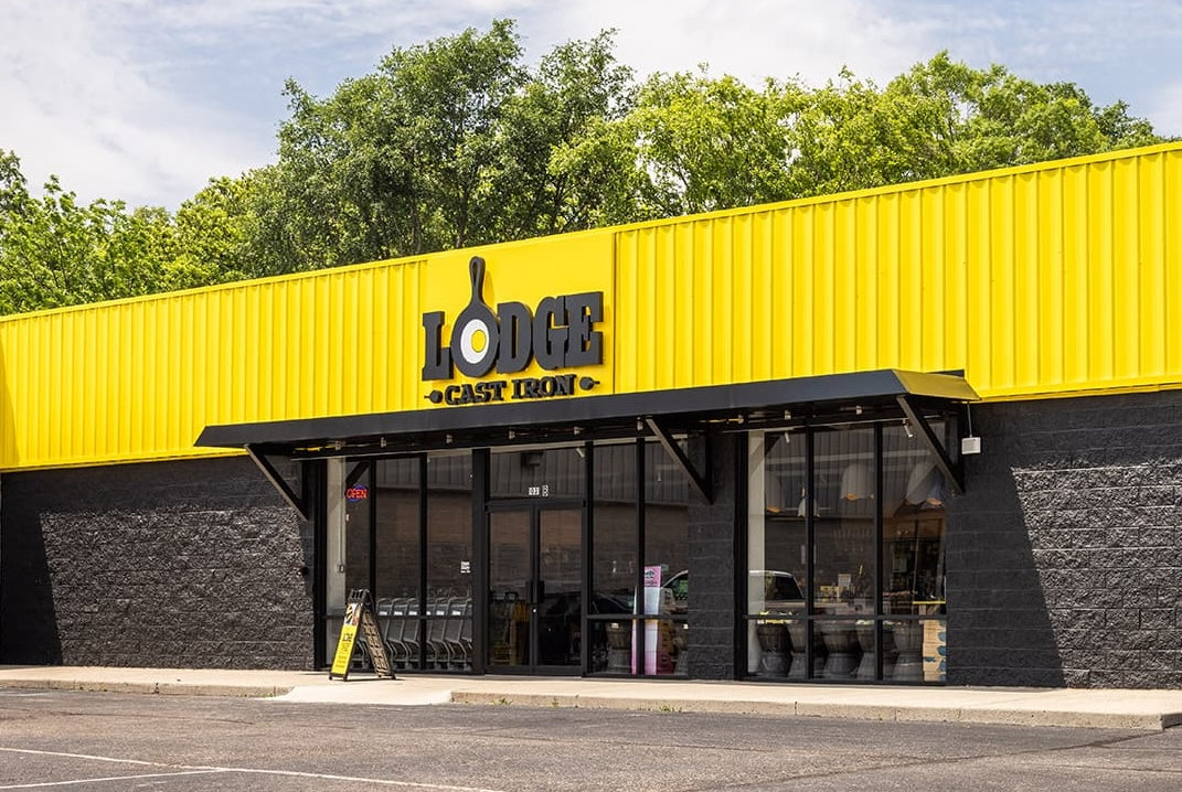 Yellow and black building with 'Lodge Cast Iron' logo