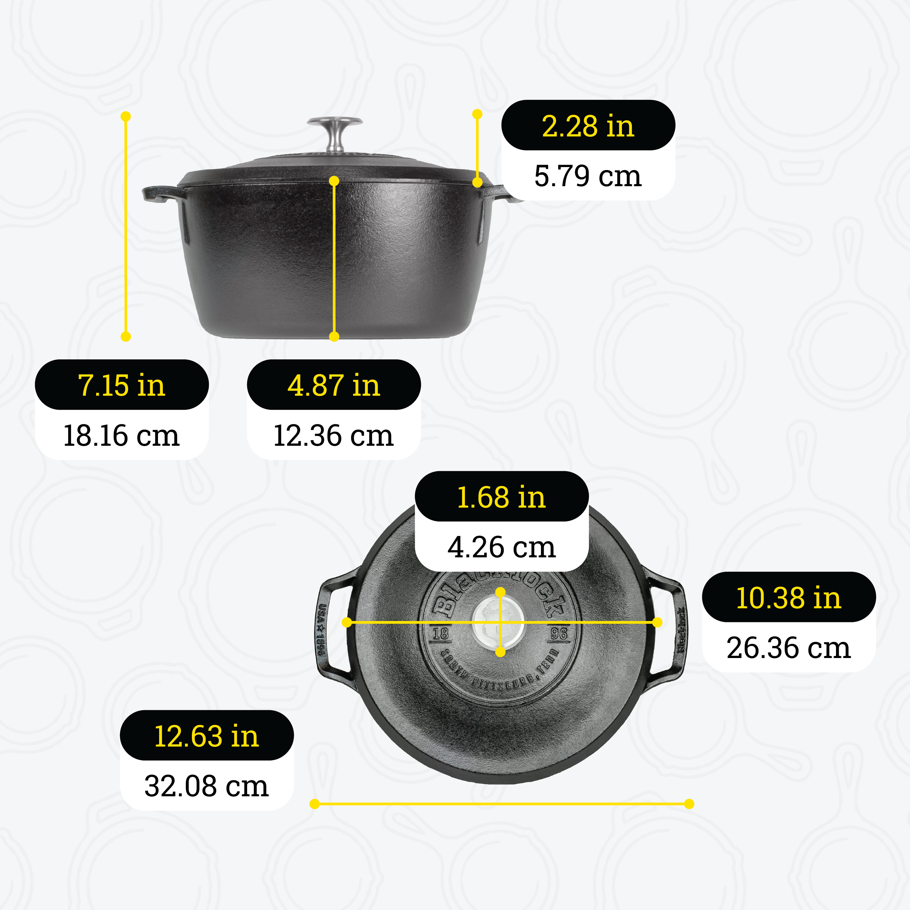 Dimensional drawing of dutch oven. Total height including lid is 7.15 inches, dutch oven portion height is 4.87 inches, height of lid is 2.28 inches, total width of dutch oven including handles is 12.63 inches, width of lid is 10.38 inches, width of knob is 1.68 inches.