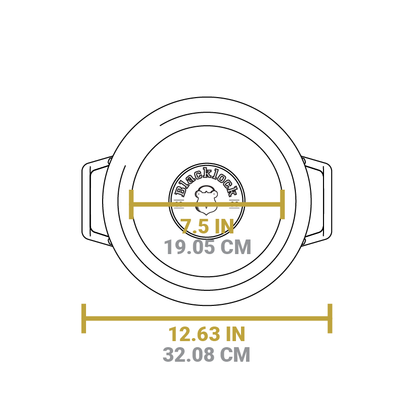 Dimensional drawing of product. Total width of dutch oven including handles is 12.63 inches, width of flat bottom is 7.5 inches.