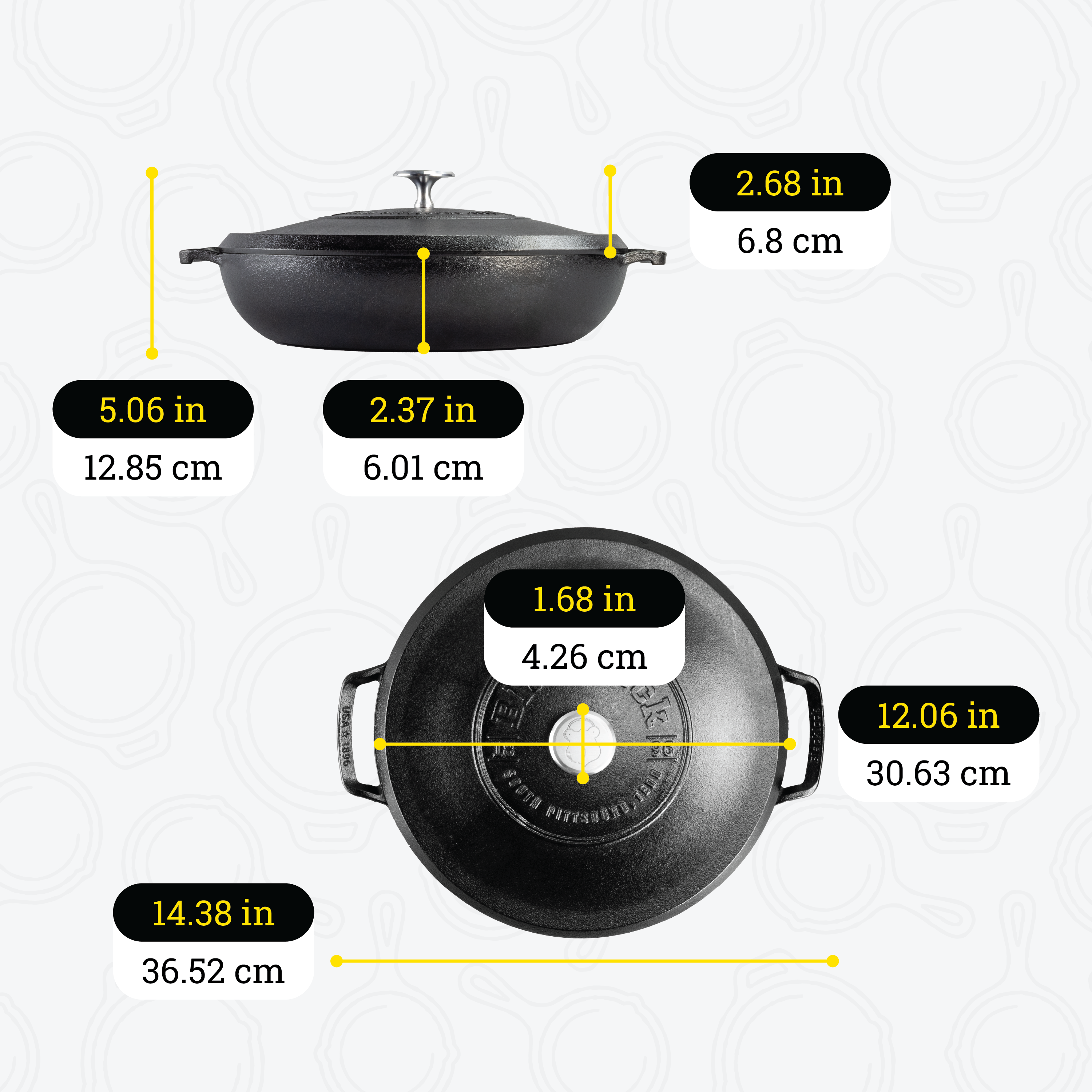 Dimensional drawing of braiser. Total height including lid is 5.06 inches, height of pan is 2.37 inches, height of lid is 2.68 inches, length of lid is 12.06 inches, width of knob is 1.68 inches, and total width including handles is 14.38 inches.