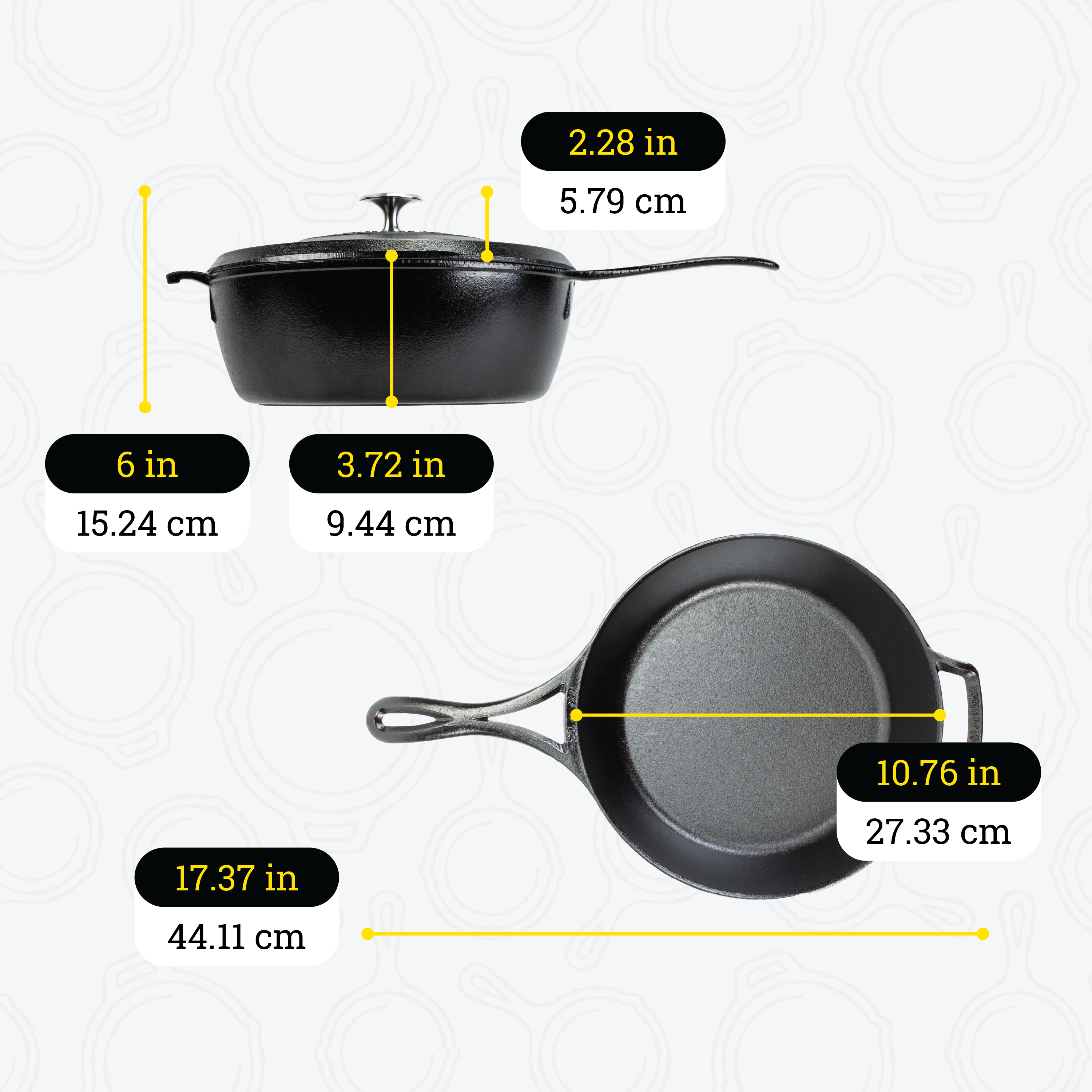 Dimensional drawing of deep skillet. Total height including lid is 6 inches, height of deep skillet is 3.72 inches, height of lid is 2.28 inches, length of skillet including handles is 17.37 inches, and length of cooking surface is 10.76 inches.