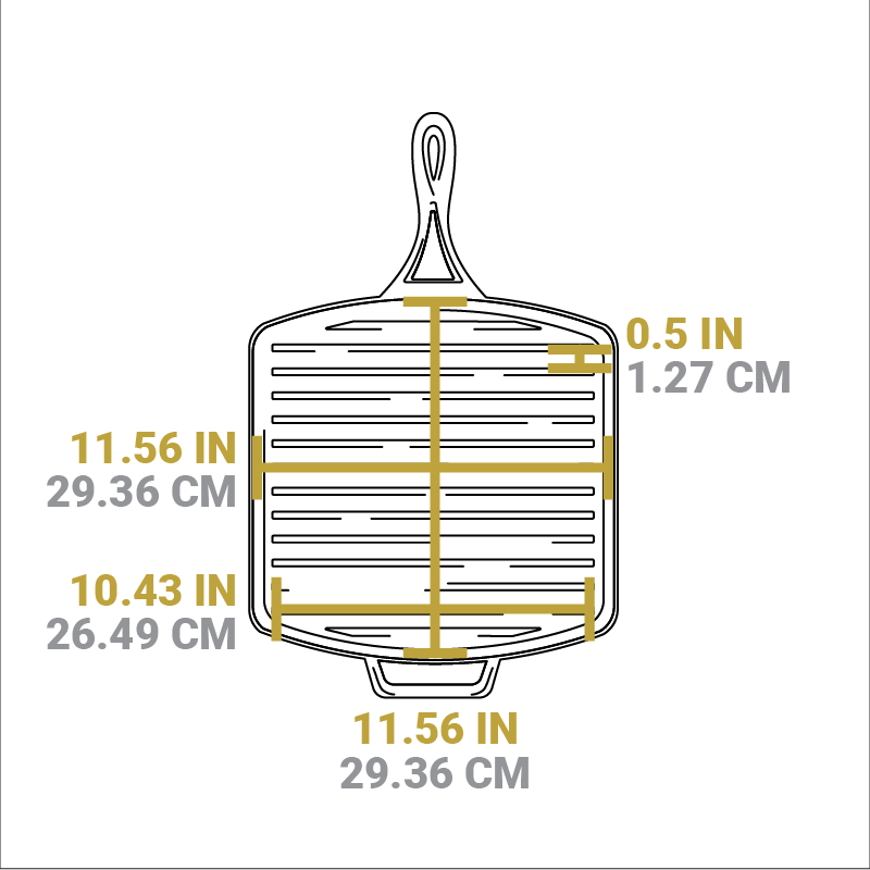 Dimensional drawing of product. Length and width of cooking surface is 11.56 inches, length of grill lines is 10.43 inches, and space between each line is 0.5 inches.