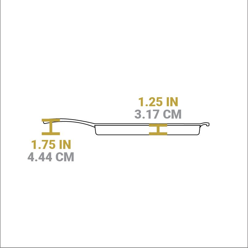 Dimensional drawing of product. Height of handle is 1.75 inches from bottom, depth of cooking surface is 1.25 inches.