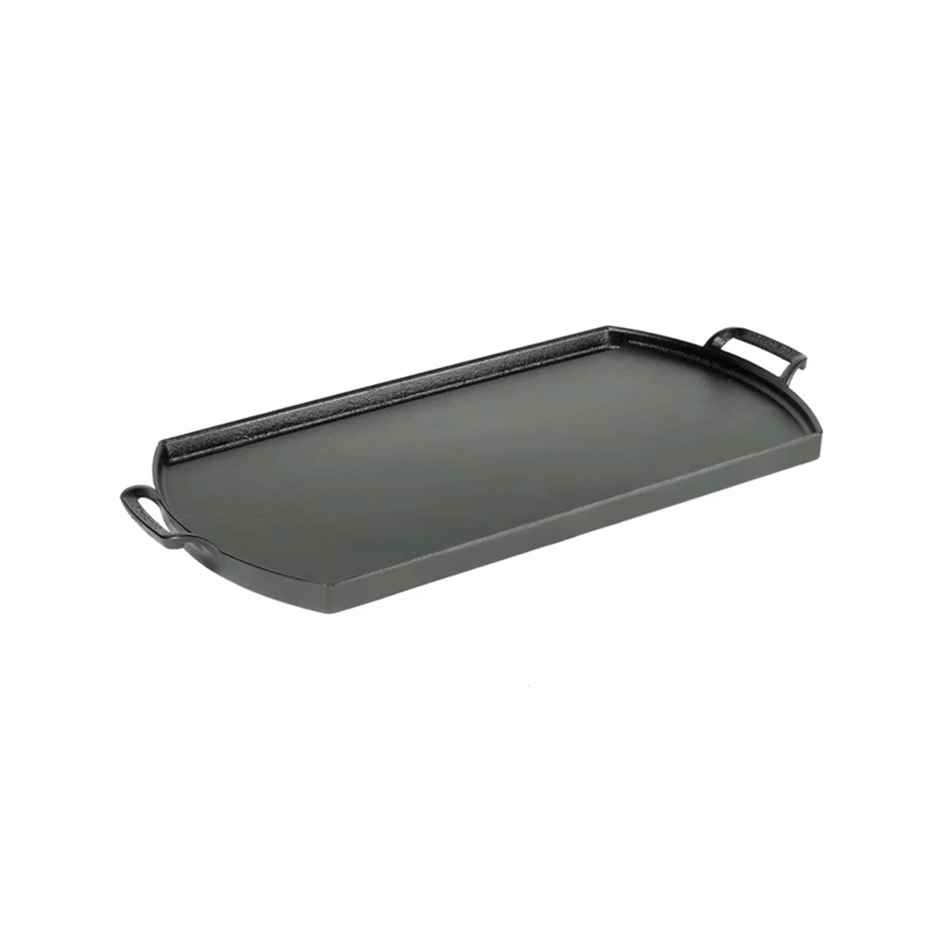 Rectangular shaped griddle with 2 handles, short sides are curved outwards.