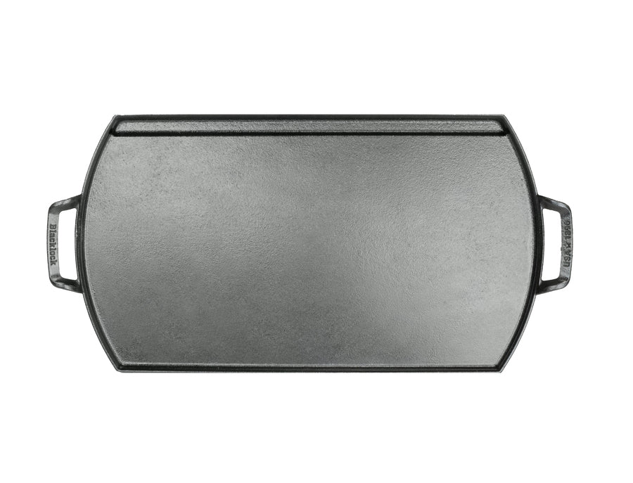 Top view of griddle showing cooking surface and grease catcher.