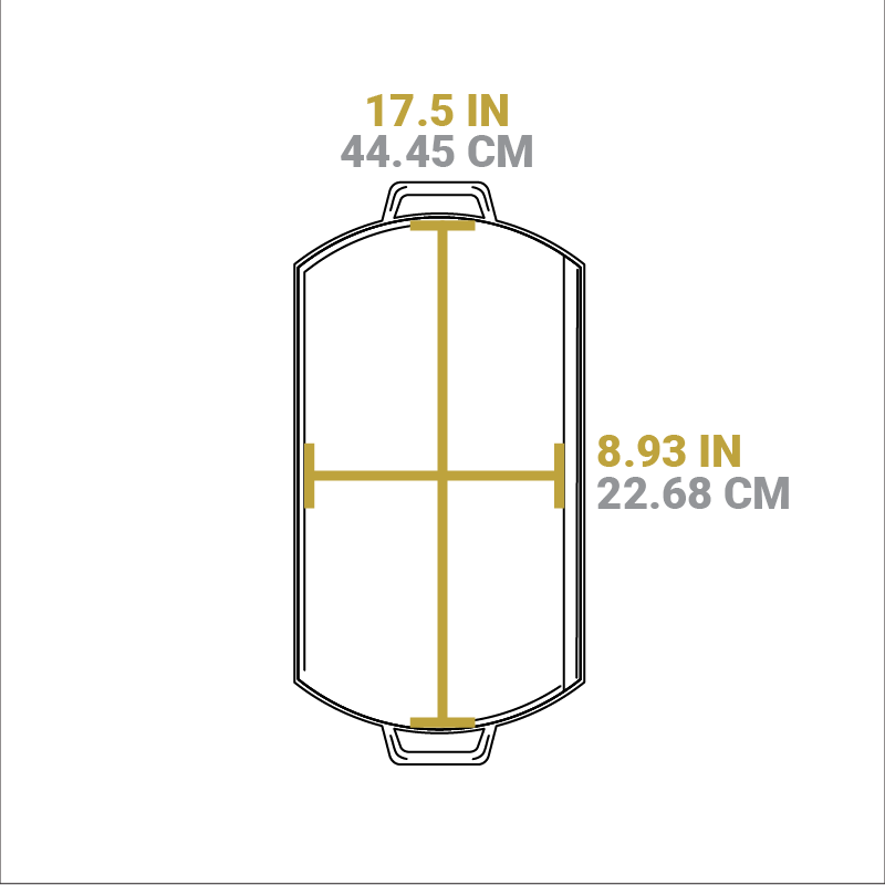 Dimensional drawing of product. Width of cooking surface is 17.5 inches, length of cooking surface is 8.93 inches.