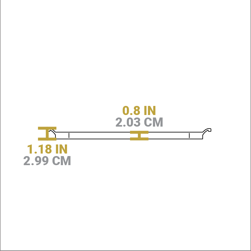 Dimensional drawing of product. Height of cooking surface is 0.8 inches, height including handles is 1.18 inches.