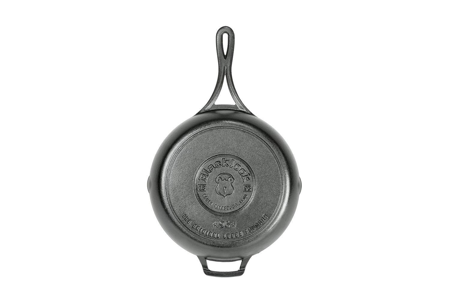 Bottom of skillet featuring the Blacklock collection logo.