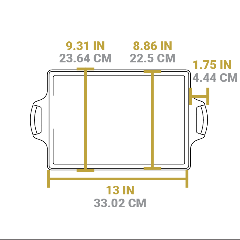 Dimensional drawing of product. Width of pan excluding handles is 13 inches, length is 9.31 inches, length of cooking area is 8.86 inches, length of handle from pan is 1.75 inches.
