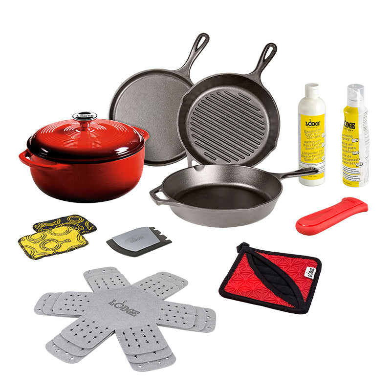 Collection of cookware and kitchen tools including pans, a dutch oven, and cleaning products on a white background.