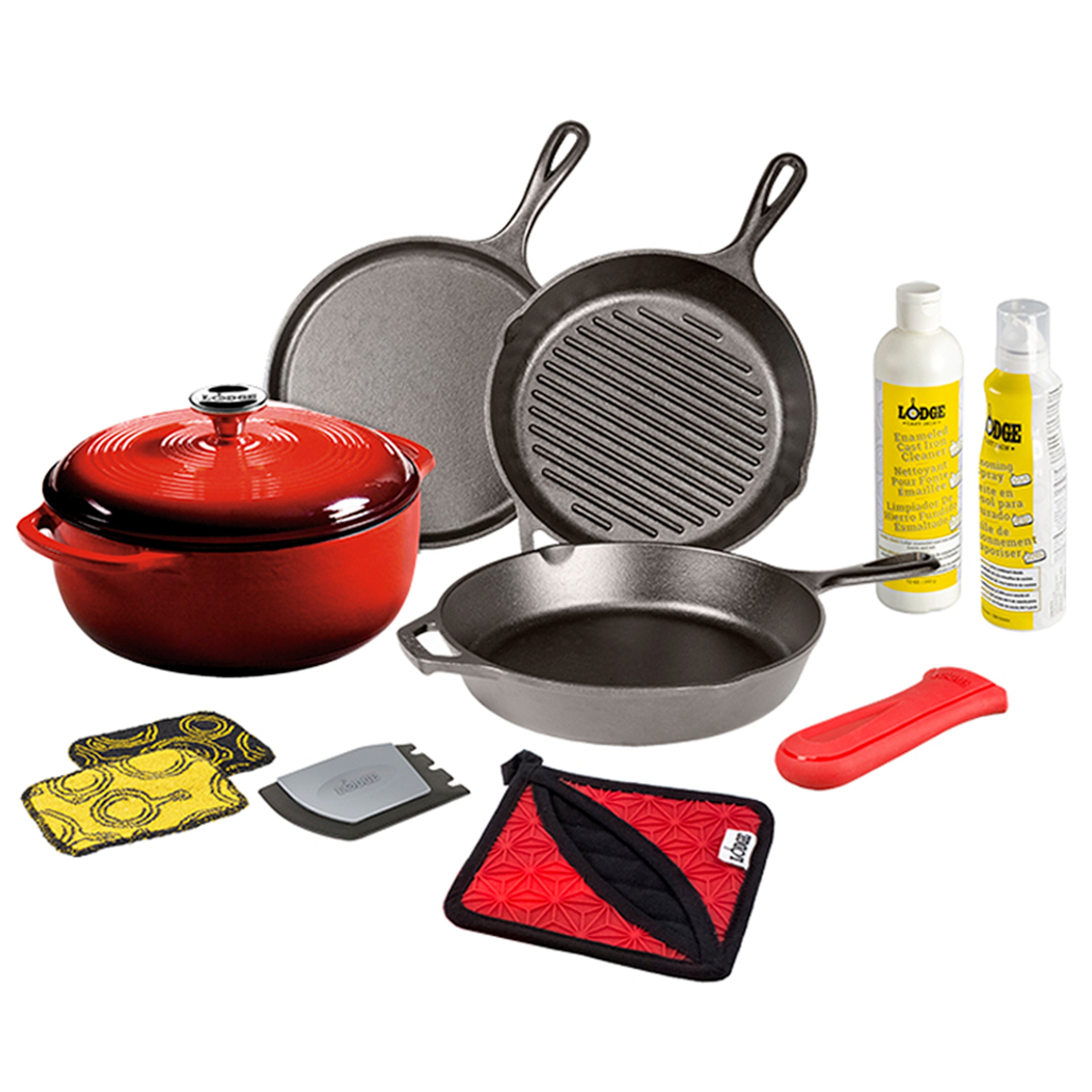 Collection of cookware and kitchen tools including pans, a dutch oven, and cleaning products on a white background.