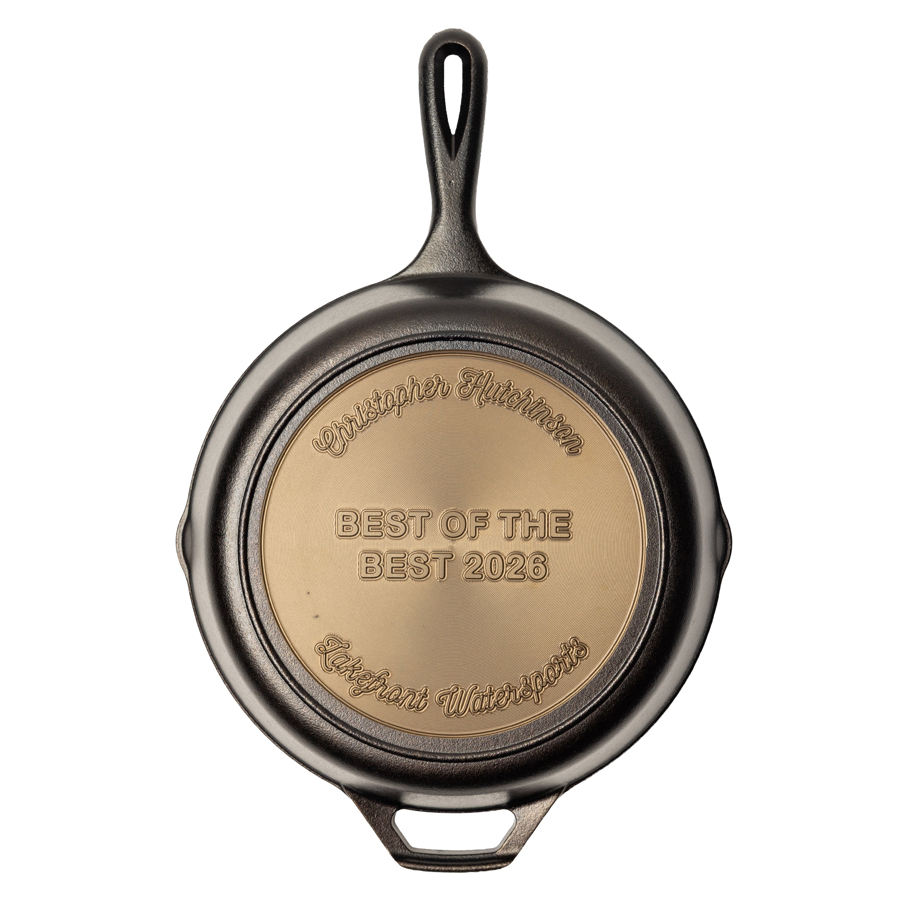 Customizable cast iron skillet with 'Best of the Best 2026' engraving in the custom fields.