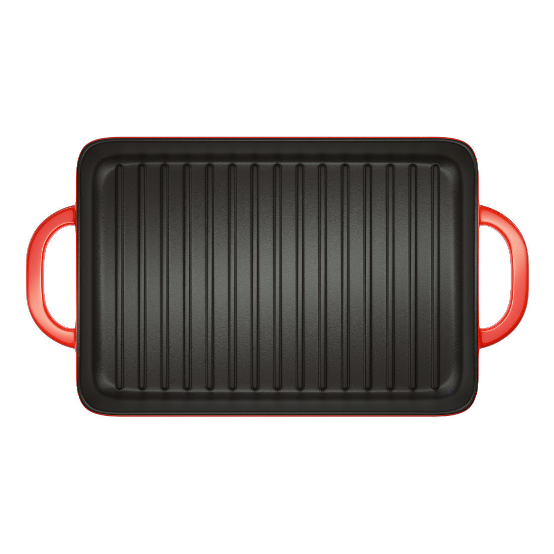 Top view of grill pan, showing grill lines and pan handles.