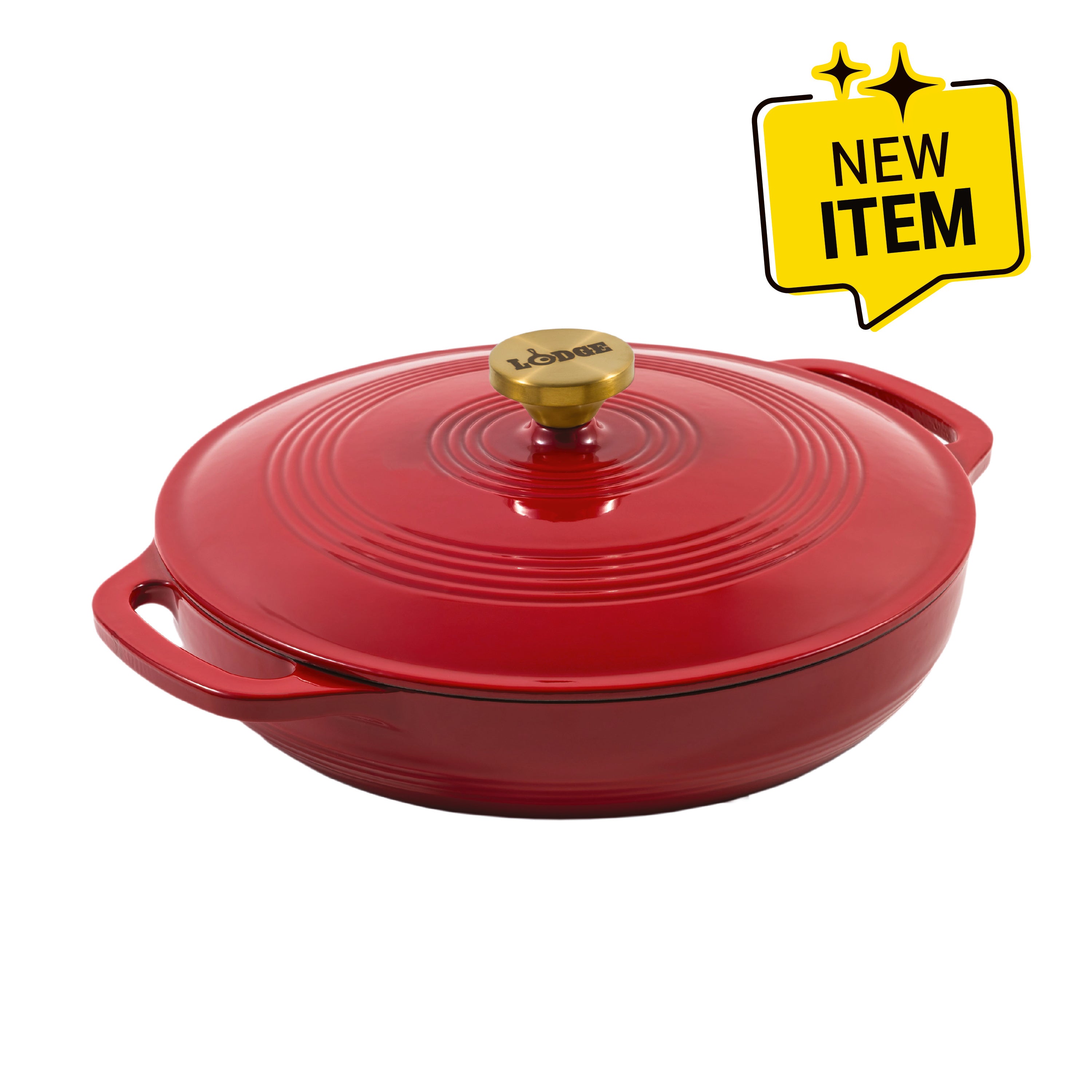 A Lodge round enameled cast iron pot with lid in a ruby red, featuring side handles and a silver-toned metal knob. A yellow 'NEW ITEM' badge is in the top right corner on a white background.