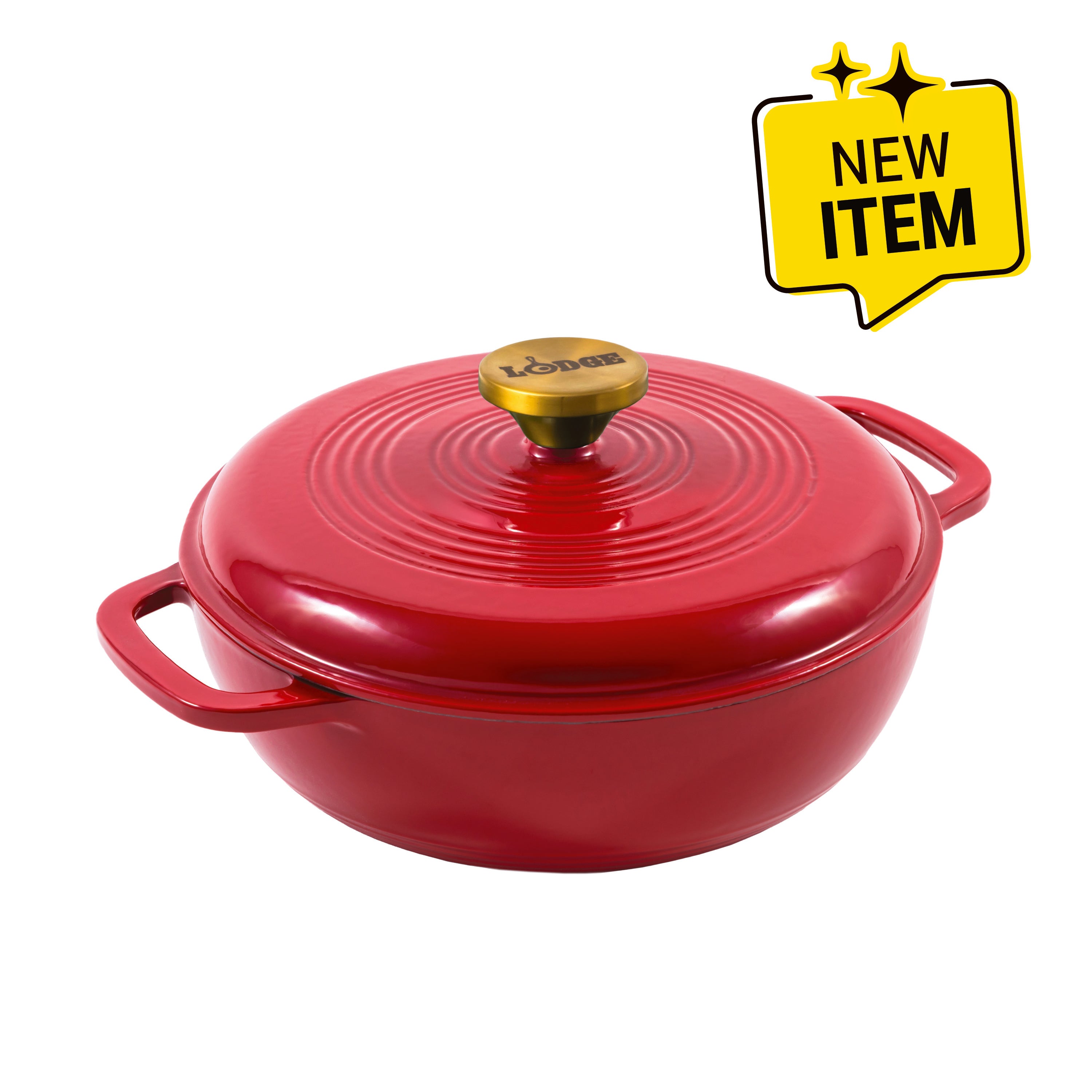 Ruby red enameled cast iron Dutch oven including a lid with gold knob. A badge saying "New Item" displayed in corner.