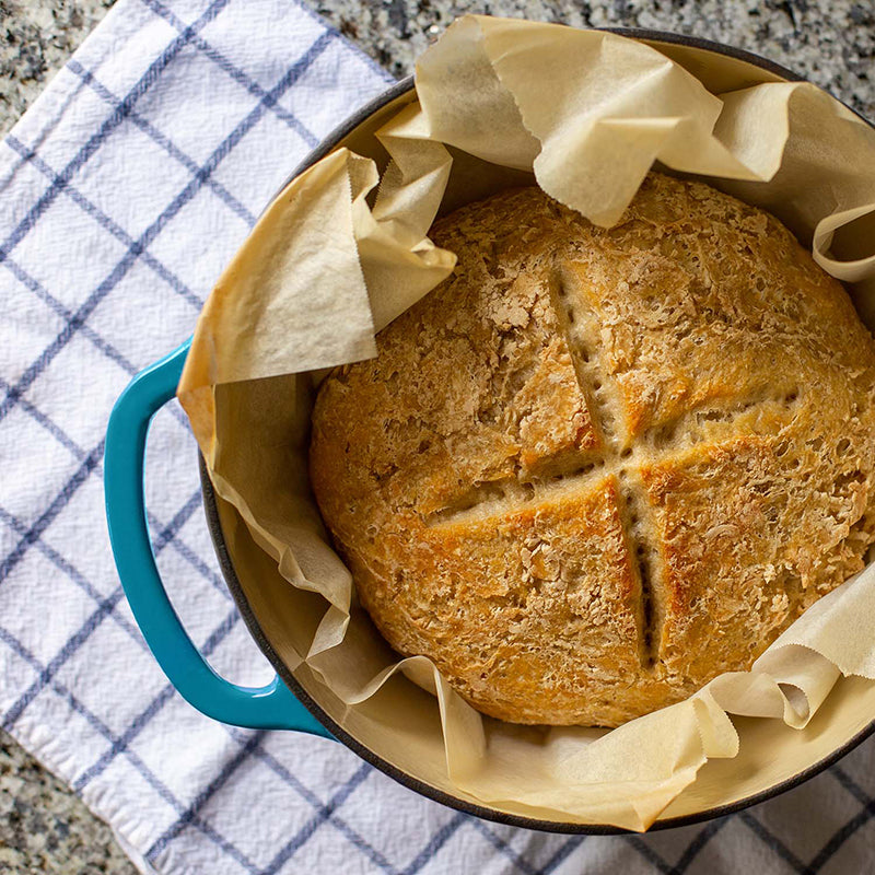 Freshly baked bread in dutch oven.