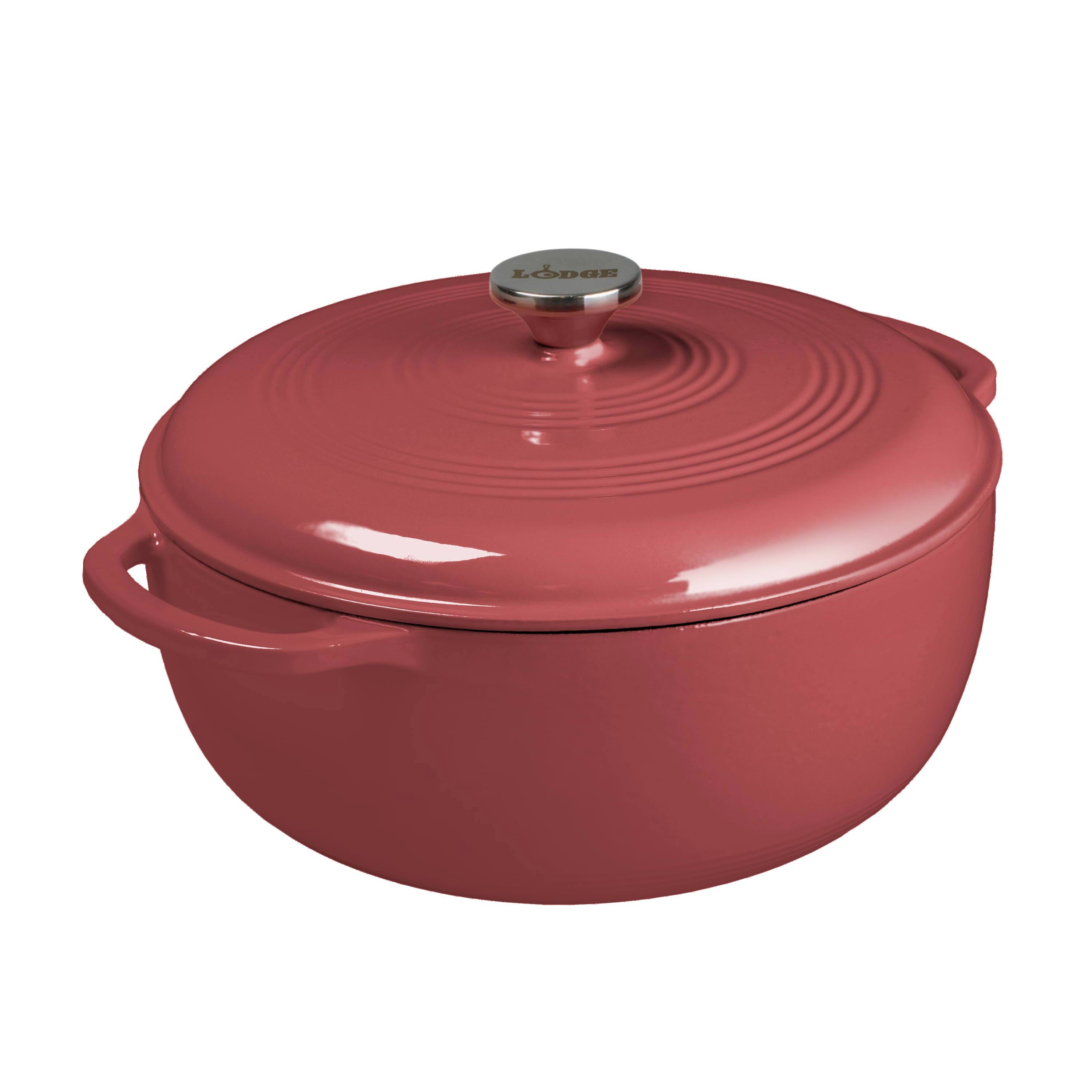 Berry enameled cast iron Dutch oven with lid on a white background