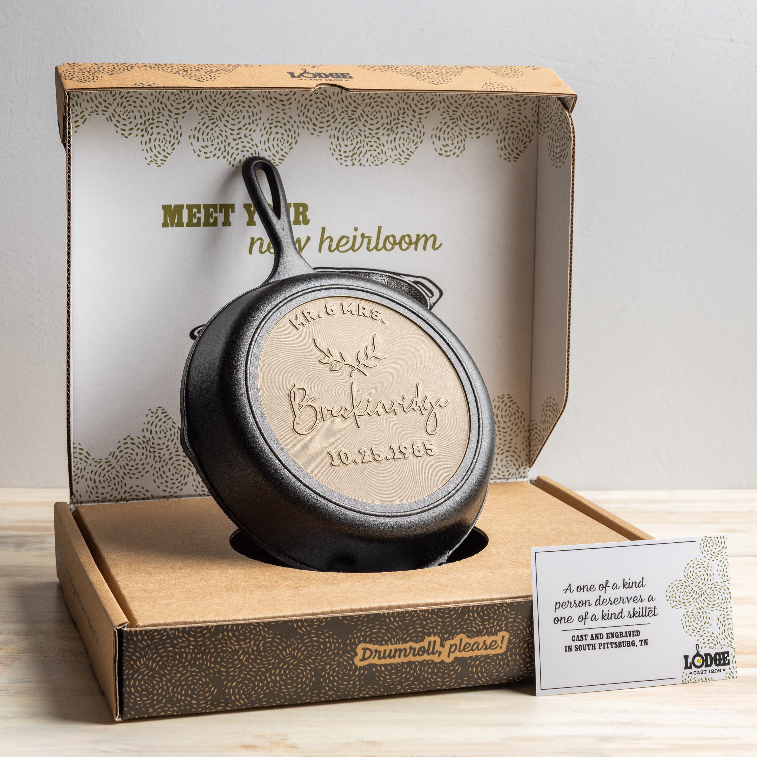 Sample custom skillet displayed in special packaging.