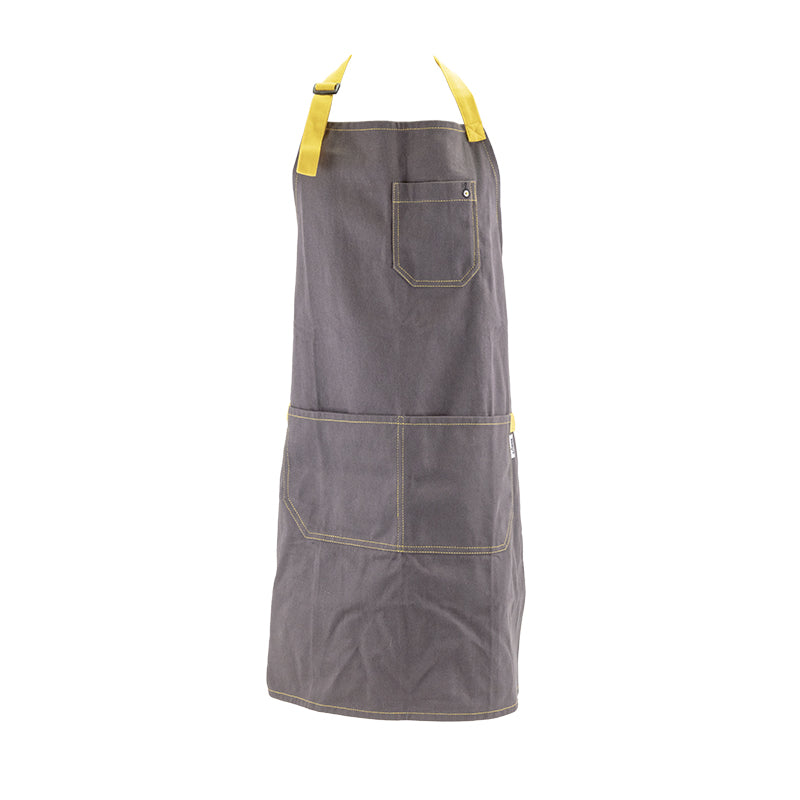 Grey apron with yellow stiches and ties.