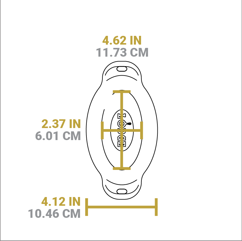 Dimensional drawing of product. Width of flat bottom is 4.62 inches, length of flat bottom is 2.61 inches, total length is 4.12 inches.