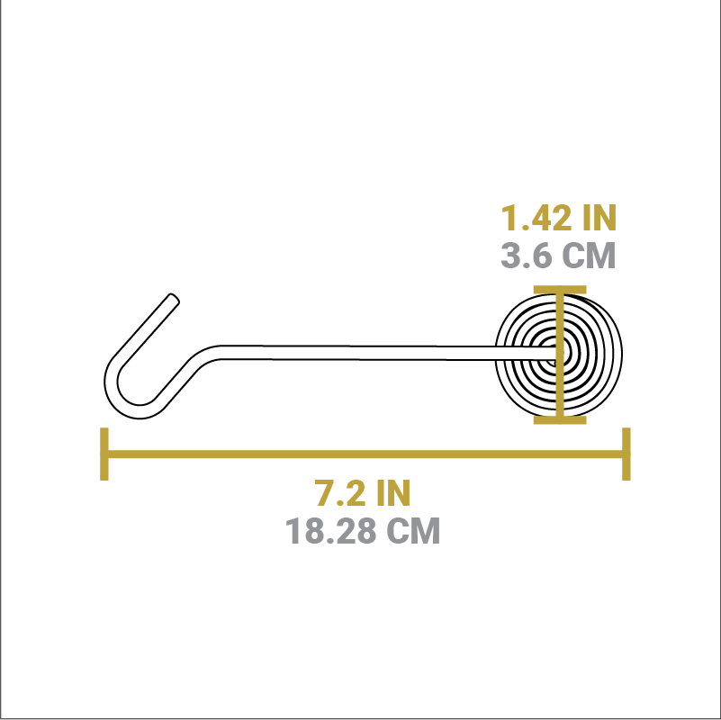 Dimensional drawing of product. The hook and carry handle length is 7.2 inches, depth of spiral handle is 1.42 inches.