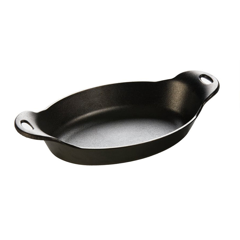 Oval shaped dish with two curved handles on end.