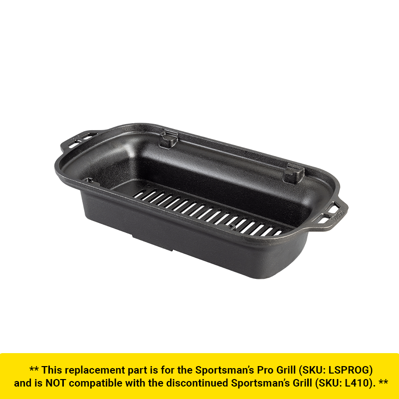 Black rectangular grill pan on a white background with text indicating compatibility.