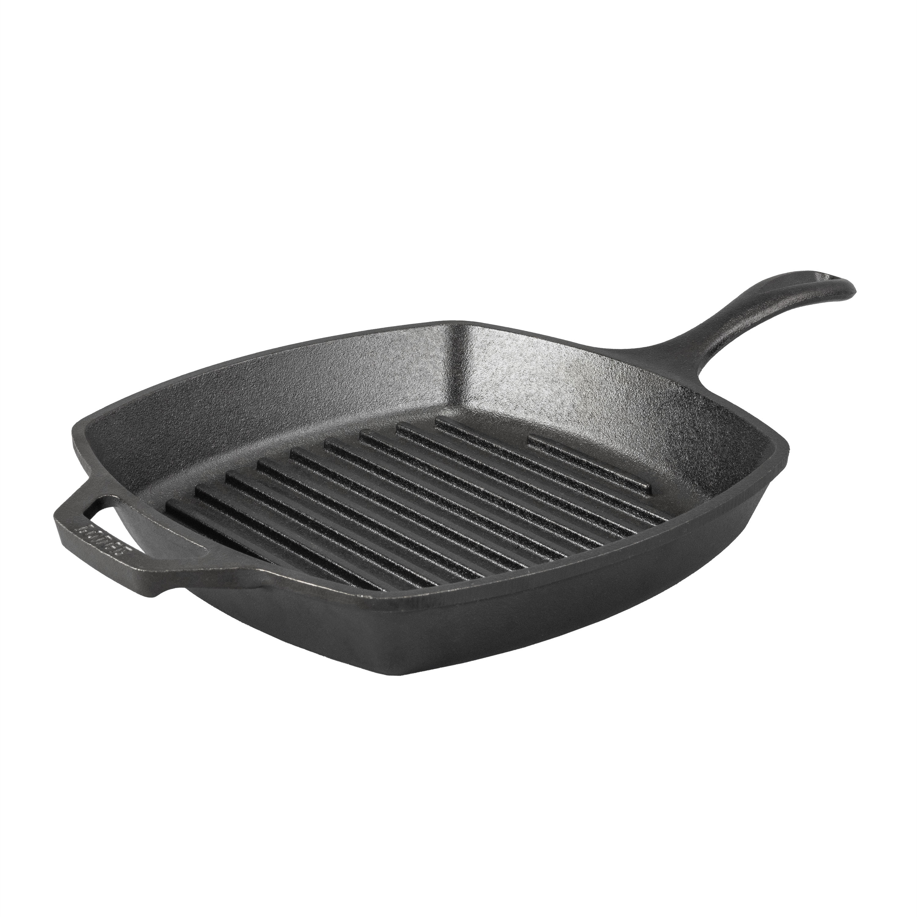 A black square cast iron grill pan with a long handle and a loop handle.