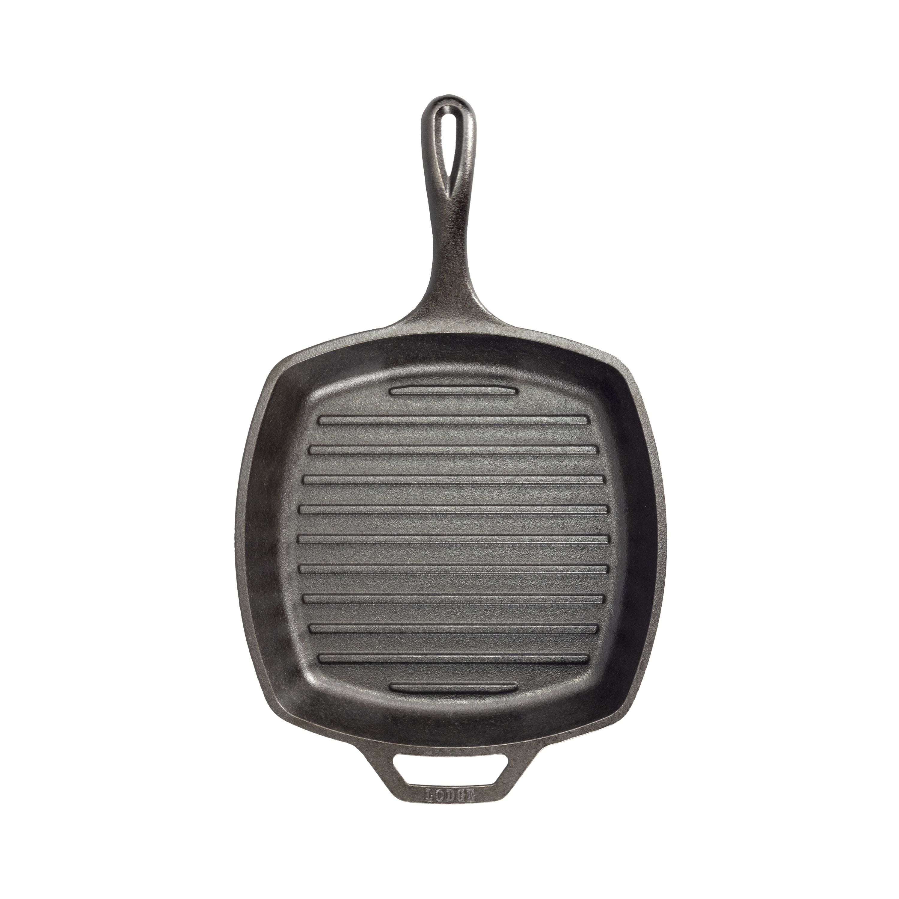Top view of pan featuring round corners and edges, and grill lines on cooking surface.