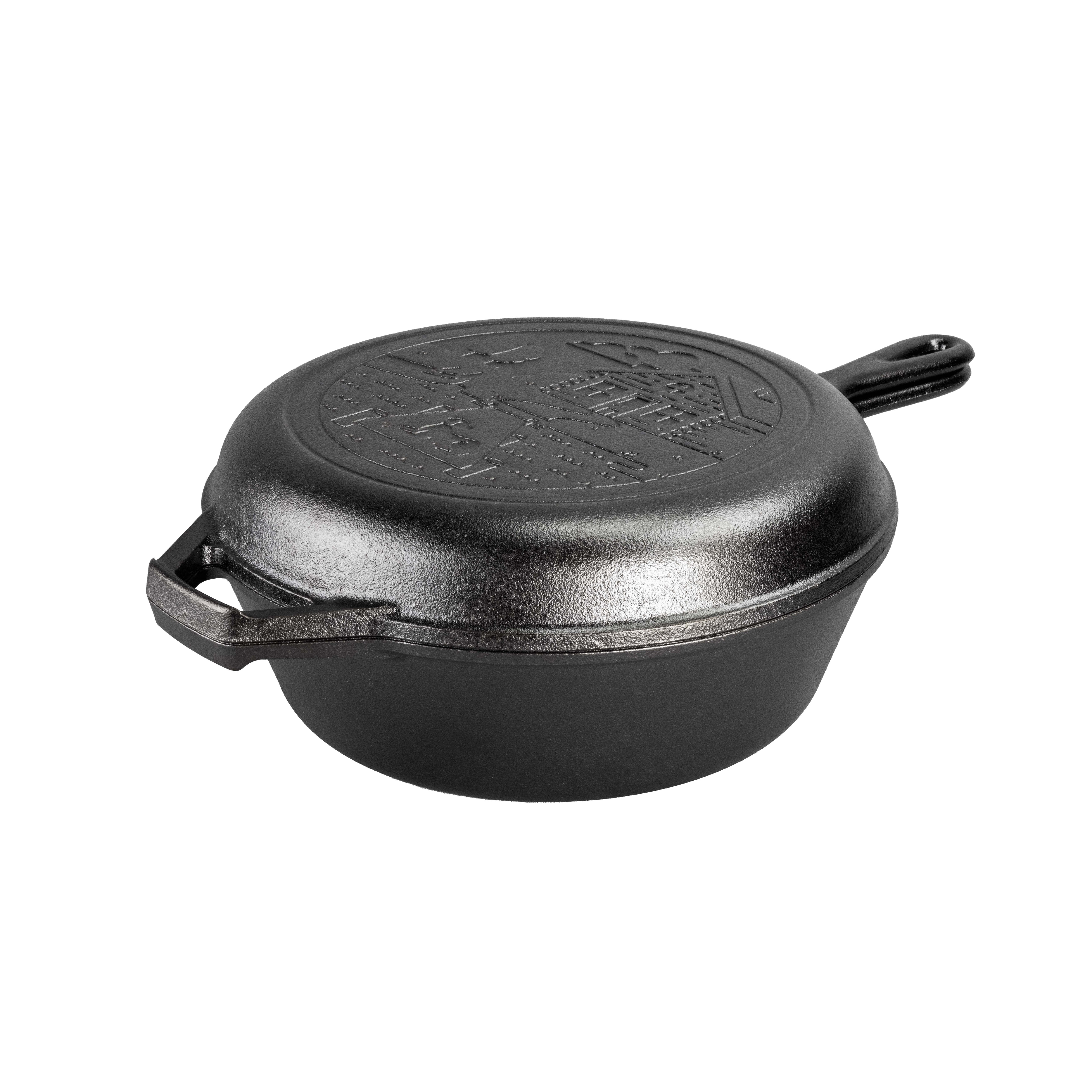 Assembled combo cooker with skillet used as a lid on top.
