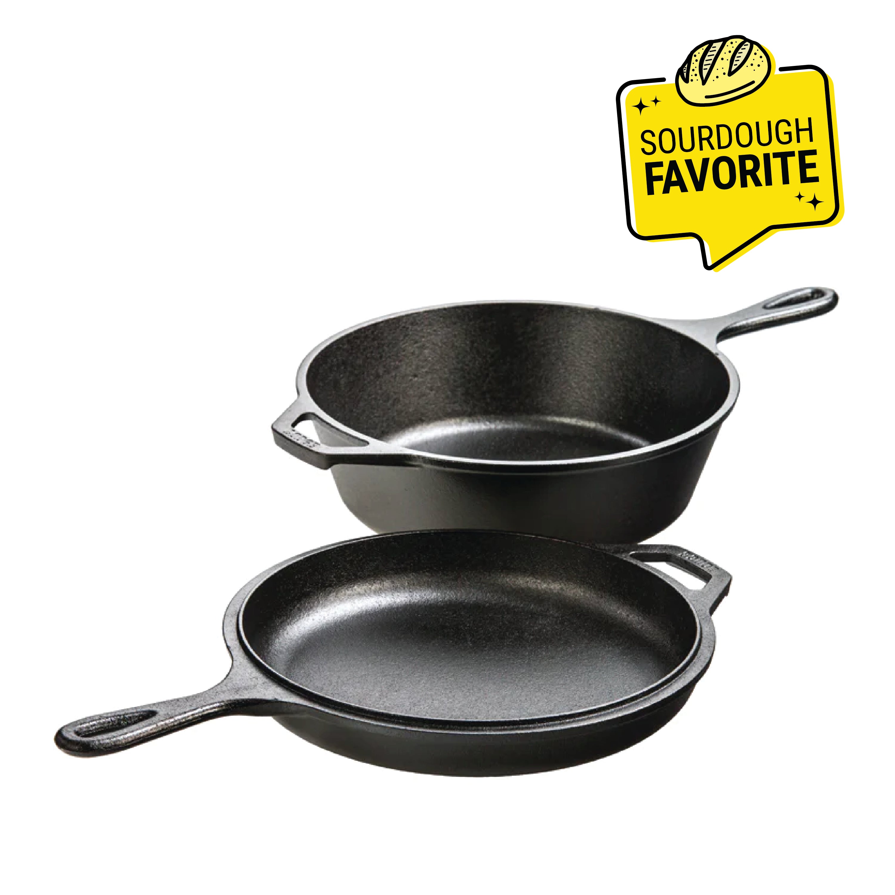 A skillet and a deep skillet side by side with 'Sourdough Favorite' badge.