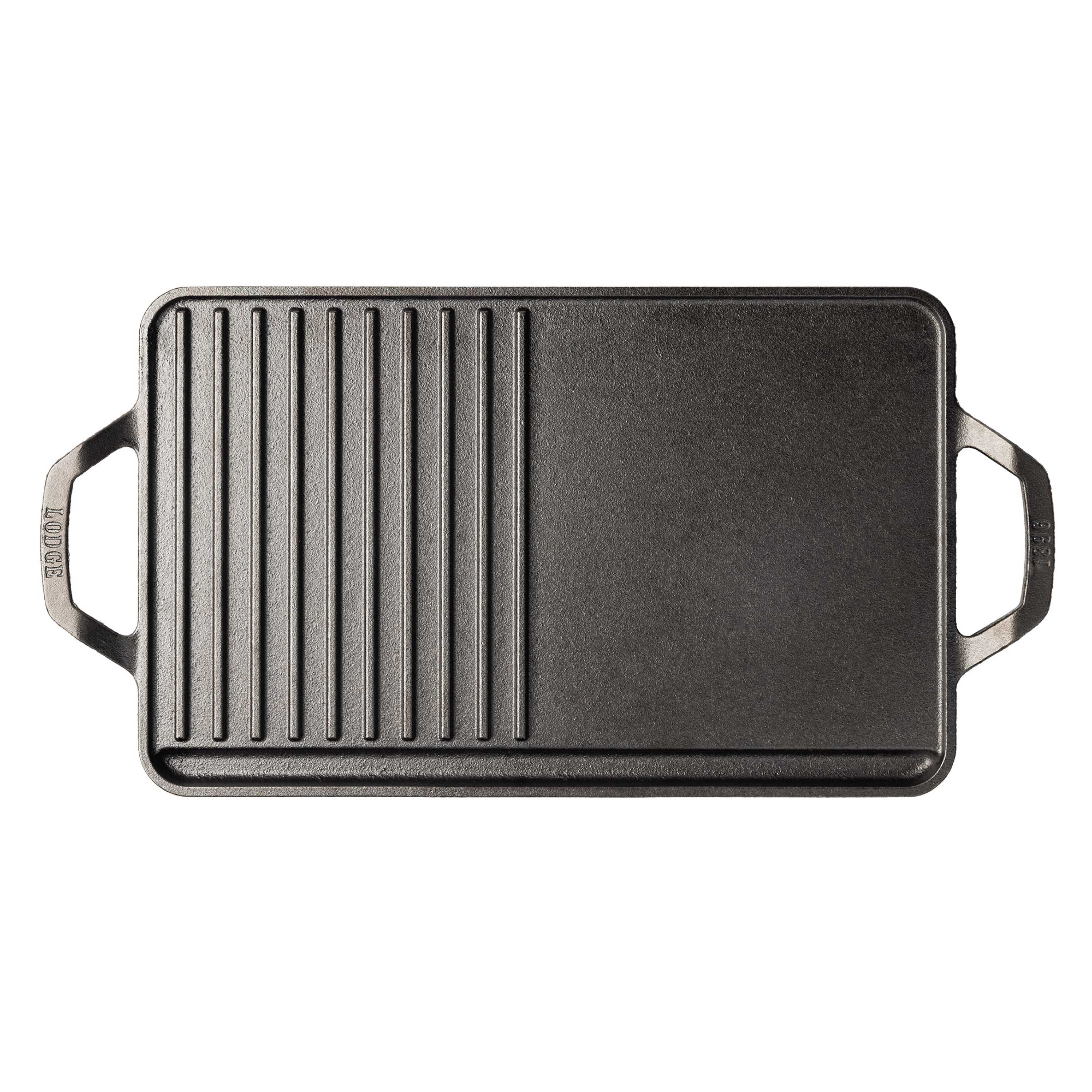 Top view showing half grill pan, half griddle, and a grease channel along one side.