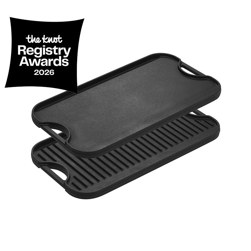 Black cast iron, rectangular griddle/grill pan with 2 handles on short sides. Features a badge for "The Knot Registry Awards".
