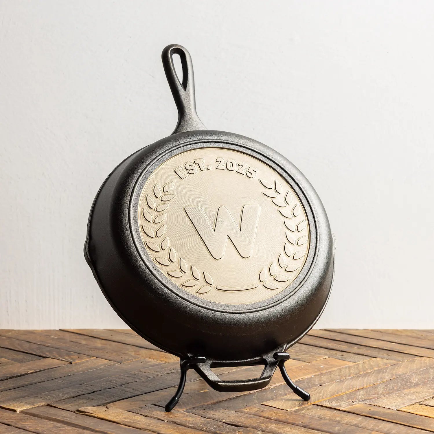 Personalized sample skillet displayed on skillet display stand.