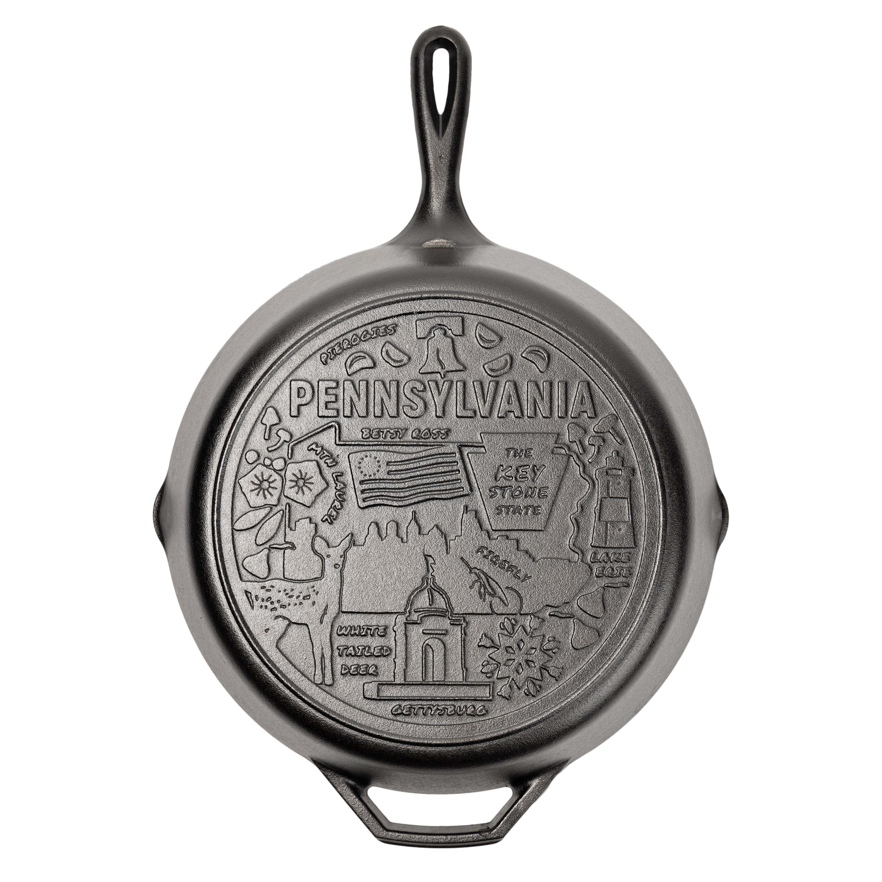 Cast iron skillet with the bottom engraved with beloved icons and monuments from Pennsylvania.