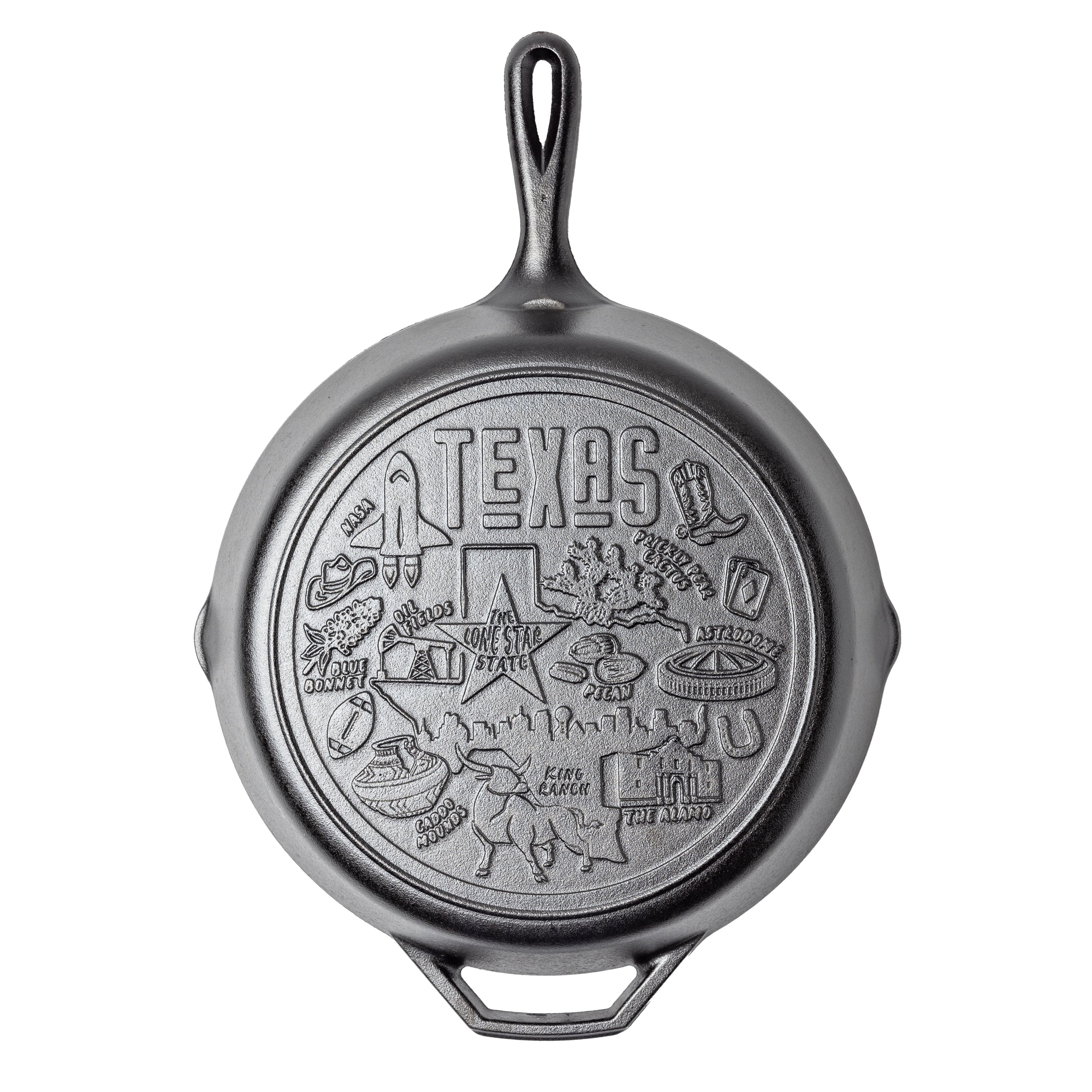 Cast iron skillet with the bottom engraved with beloved icons and monuments from Texas.